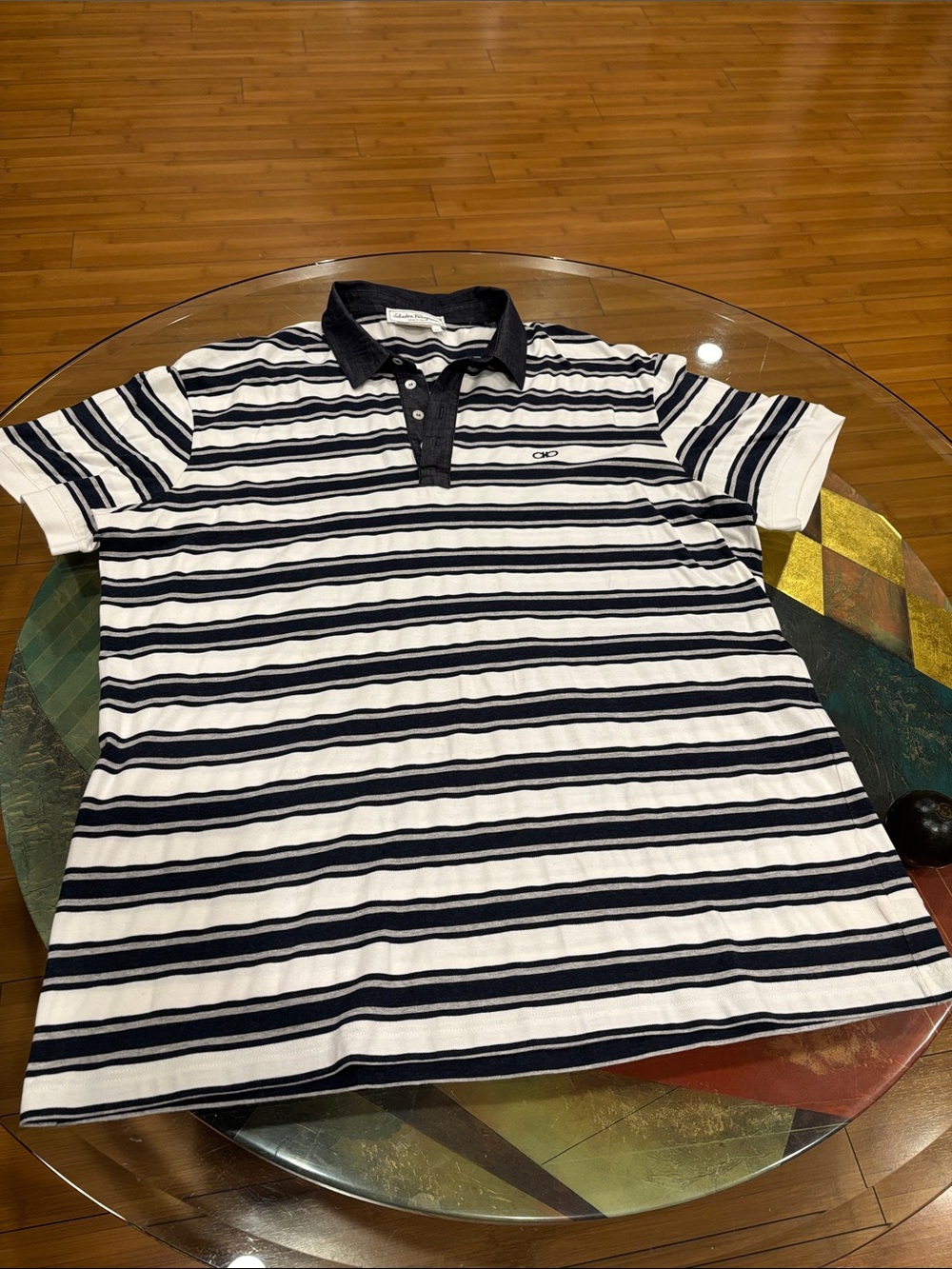 Salvatore Ferragamo Navy and White Striped Polo Shirt